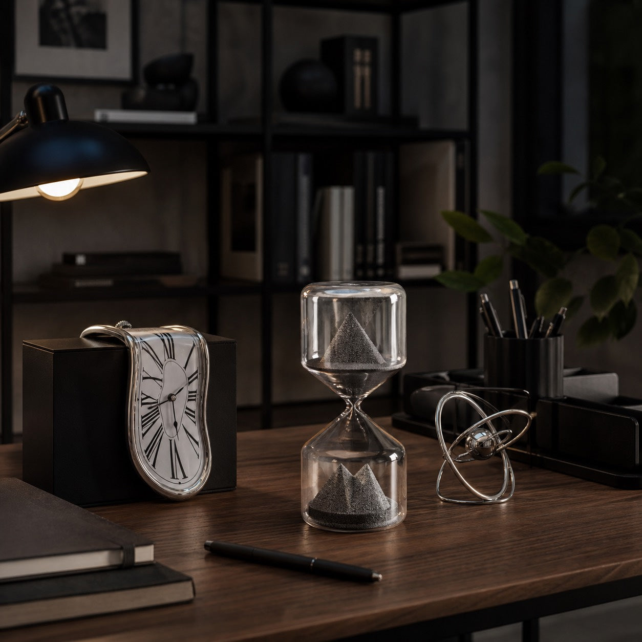 Desk shelf with surreal decorative gift objects