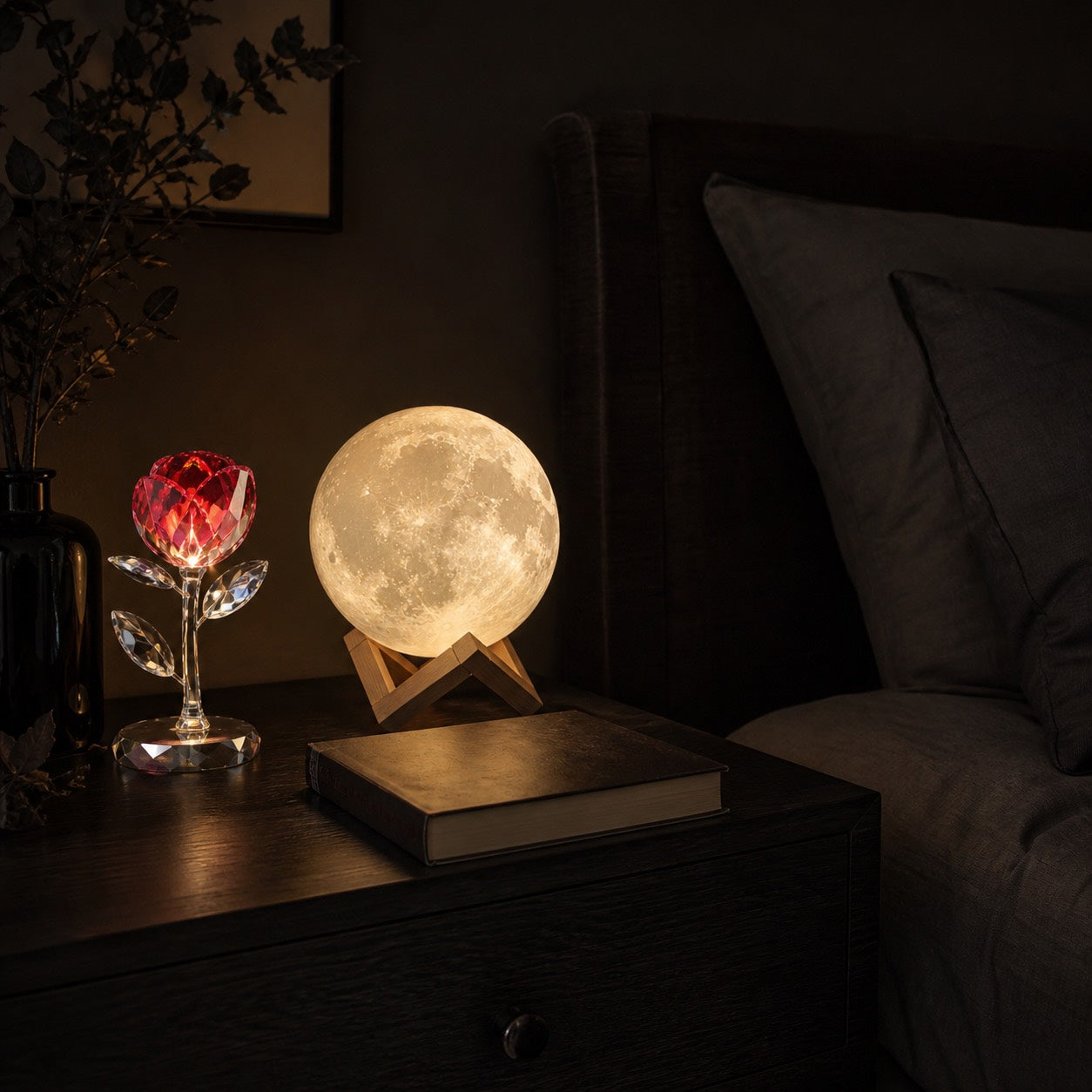 Moody bedroom with a warm lunar gift object