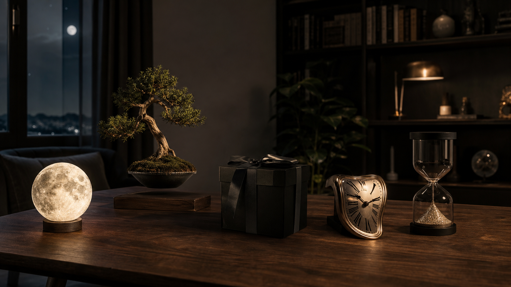 Moody table scene with glowing moon lamp, surreal clock, sand hourglass, floating bonsai, and black gift box