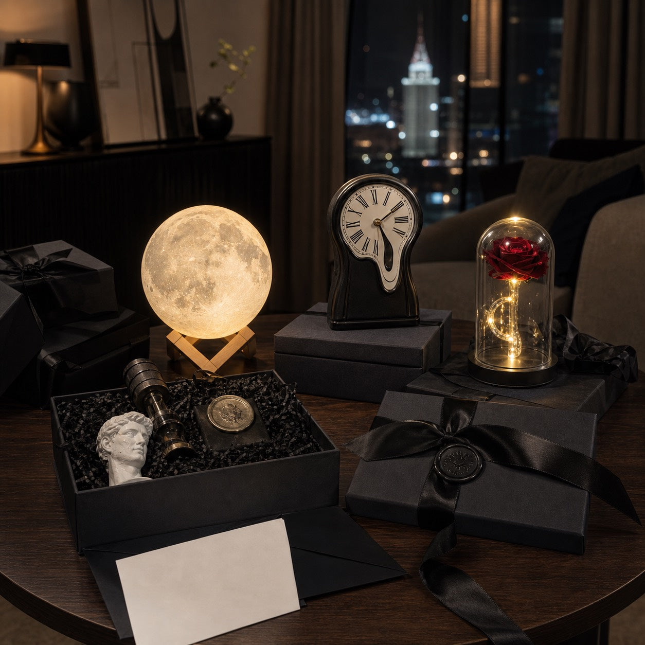 Premium dark gift table with small glowing curiosities, black wrapping, and card