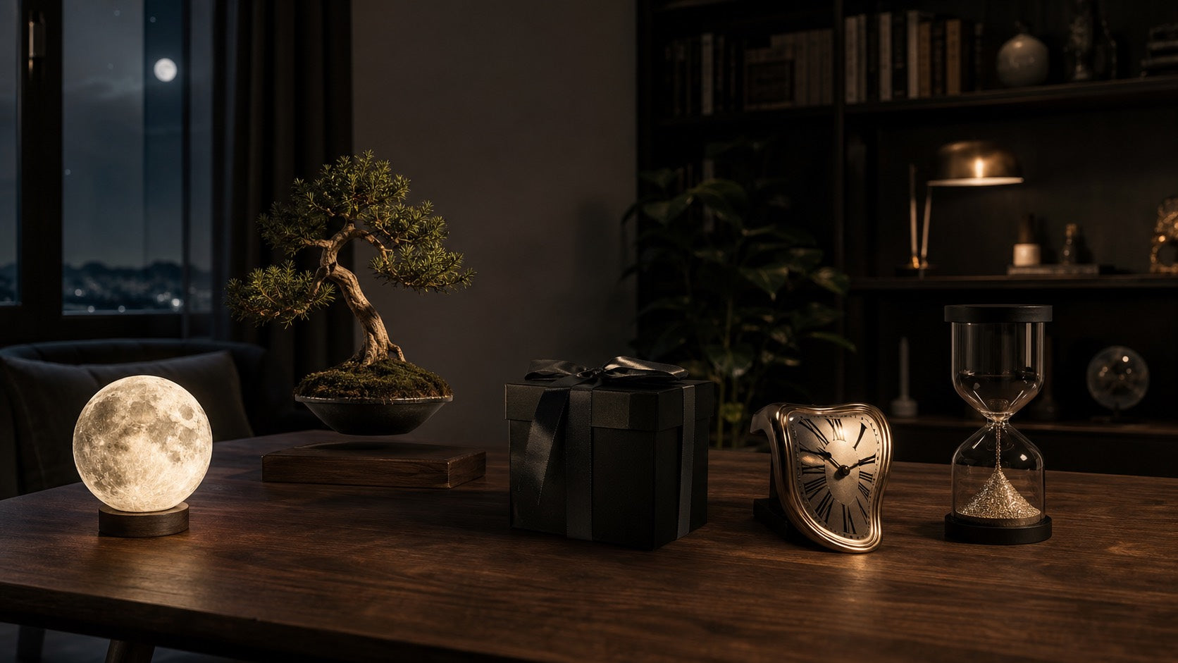 Moody table scene with glowing moon lamp, surreal clock, sand hourglass, floating bonsai, and black gift box
